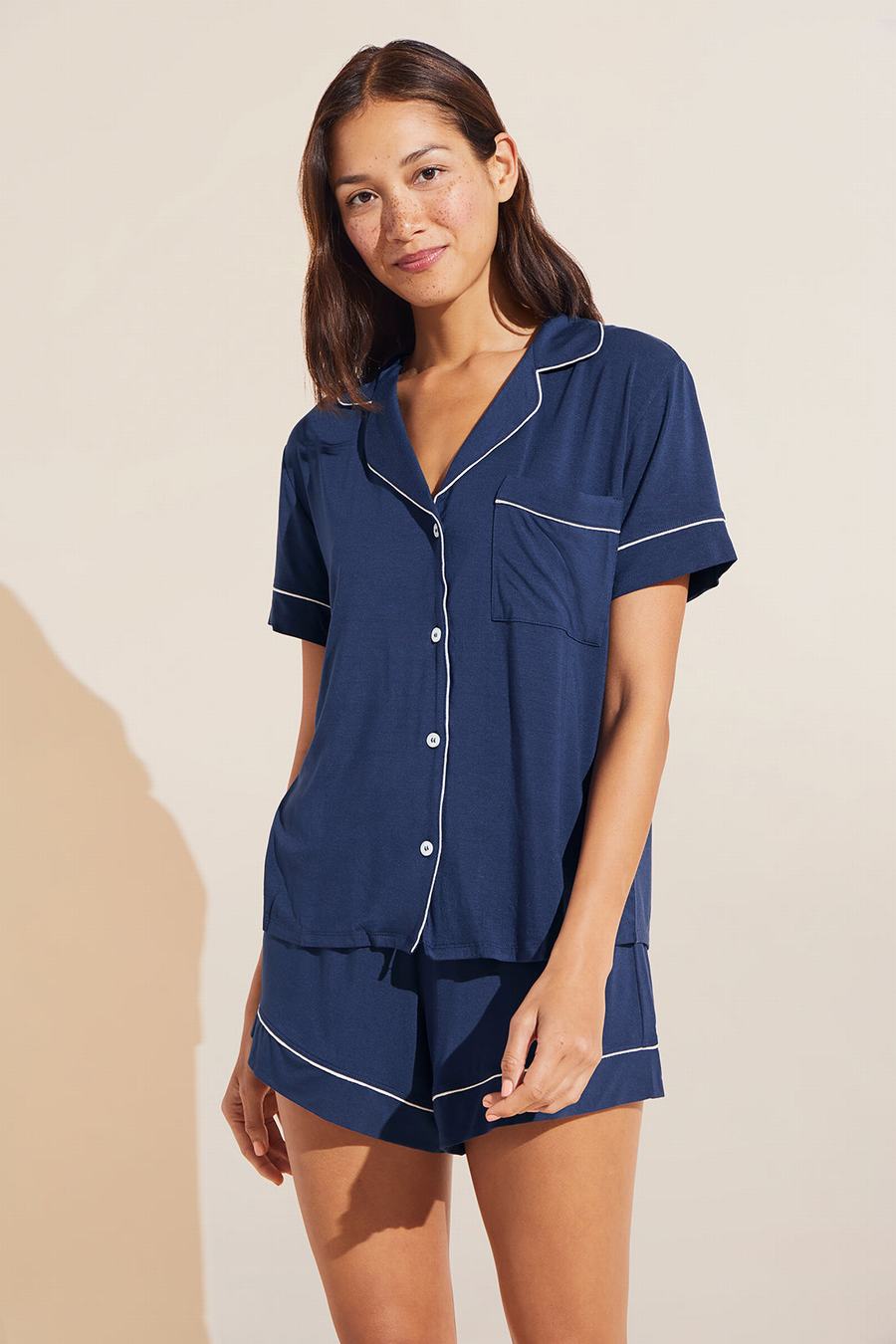 Women Eberjey Gisele TENCEL™ Modal Relaxed Short PJ Set Pajamas Navy White | CVZ633IB