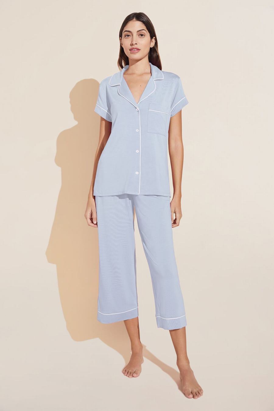 Women Eberjey Gisele TENCEL™ Modal Short Sleeve Cropped PJ Set Pajamas Blue White | BBG4678UJ