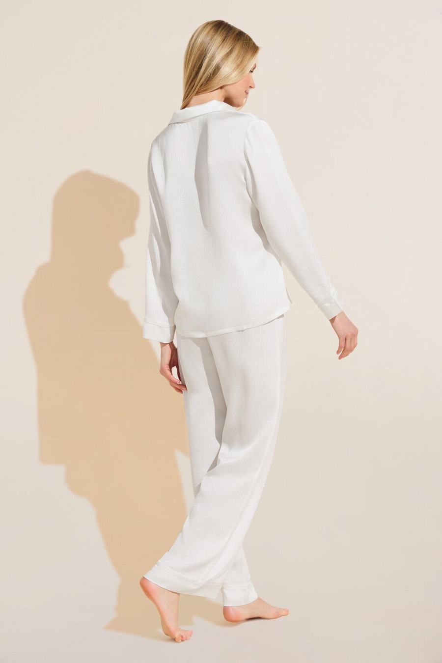 Women Eberjey Inez Textured Washable Silk Long PJ Set Pajamas White | QXE4744DA