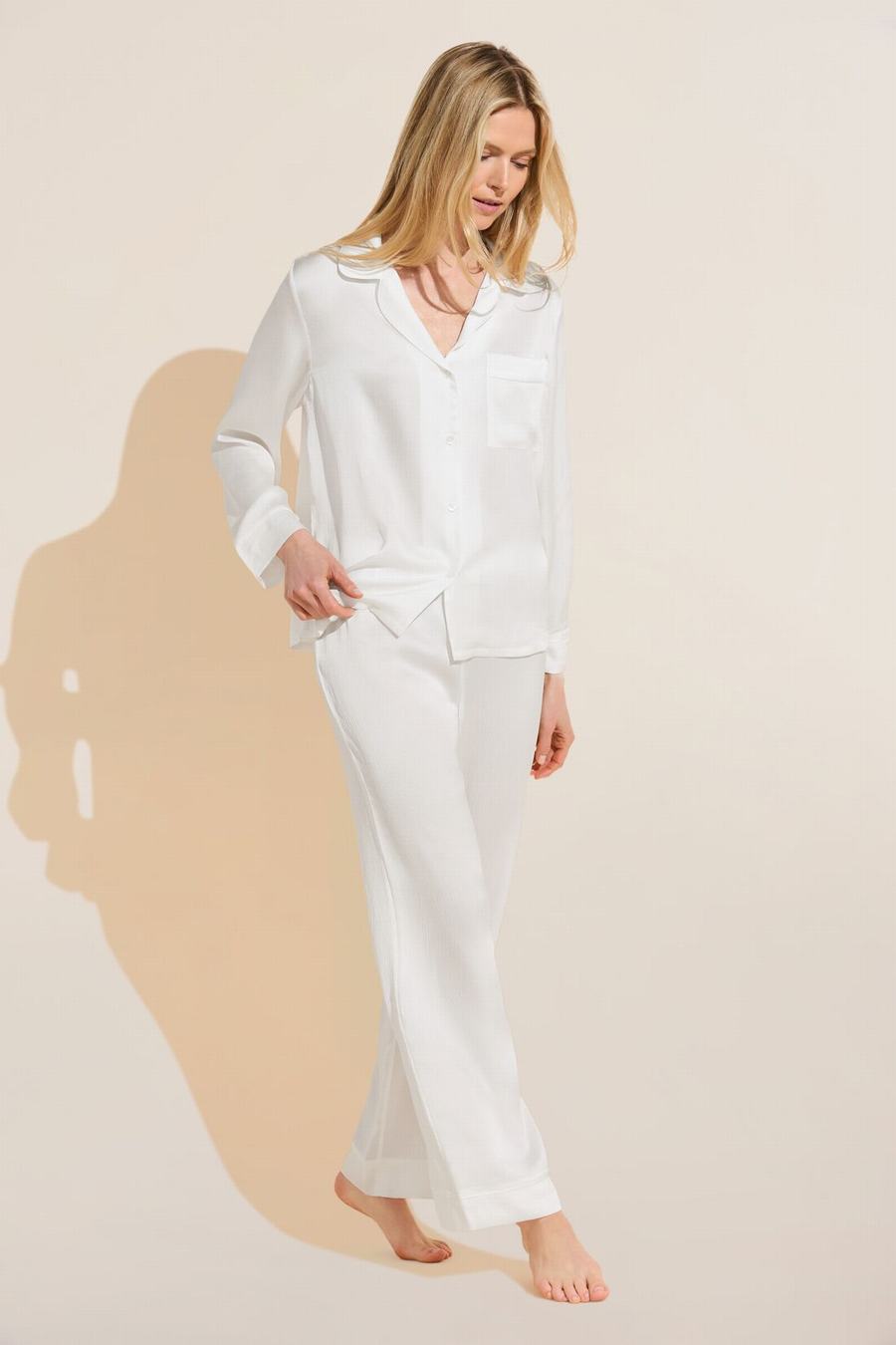 Women Eberjey Inez Textured Washable Silk Long PJ Set Pajamas White | QXE4744DA