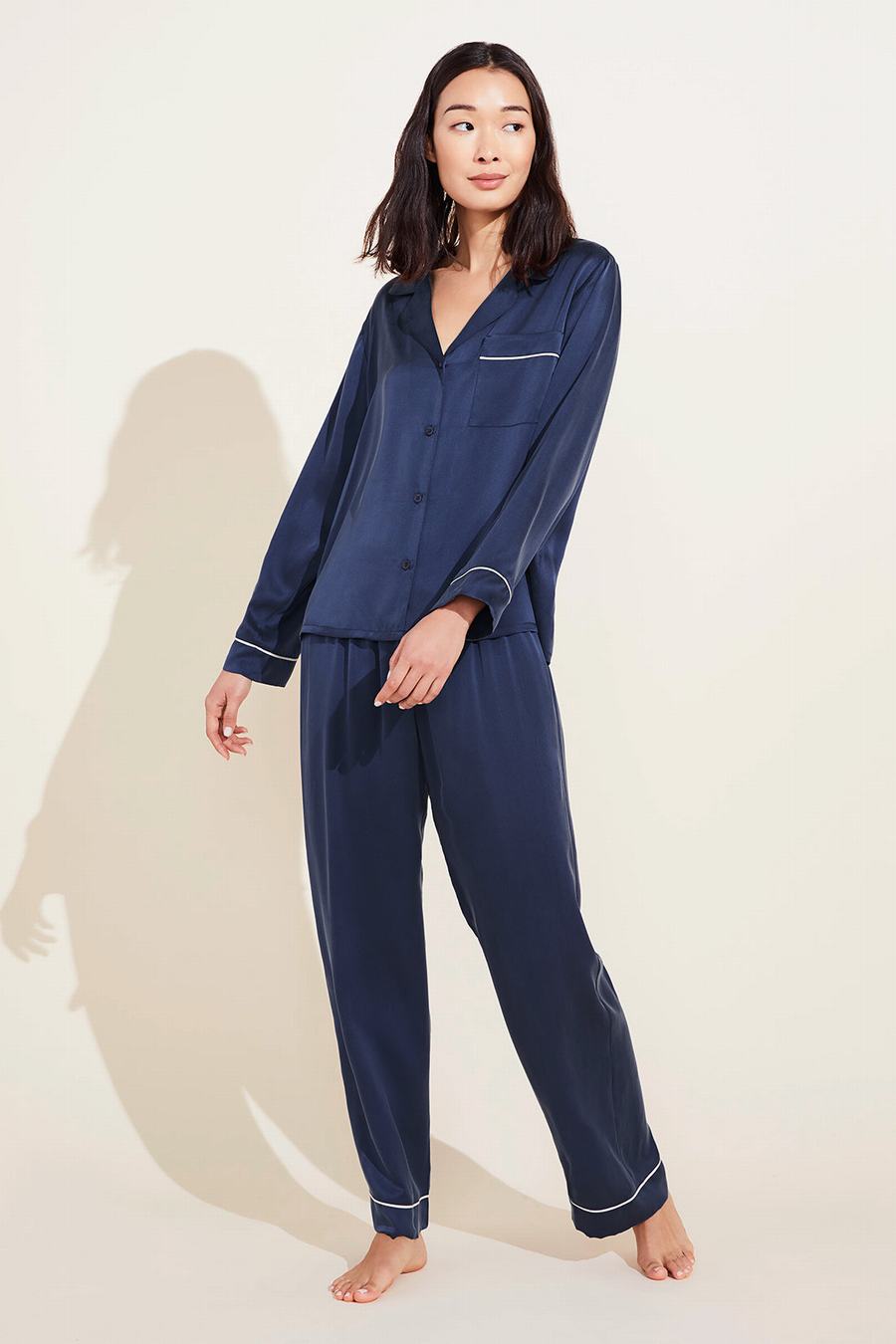 Women Eberjey Inez Washable Silk Long PJ Set Pajamas Navy | IZM5147BK