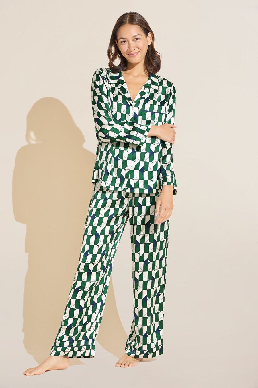 Women Eberjey Inez Washable Silk Printed Long PJ Set Pajamas Green Navy White | RBY70100KV