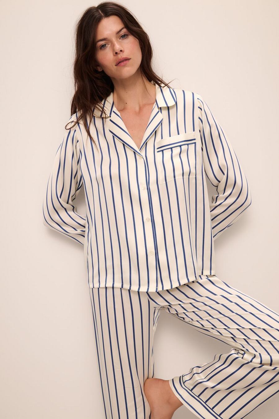 Women Eberjey Inez Washable Silk Printed Long PJ Set Pajamas White Blue | ISS482WX