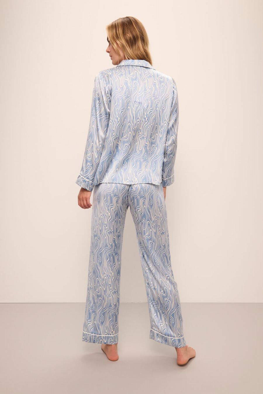 Women Eberjey Inez Washable Silk Printed Long PJ Set Pajamas Blue White | DXM1328PK