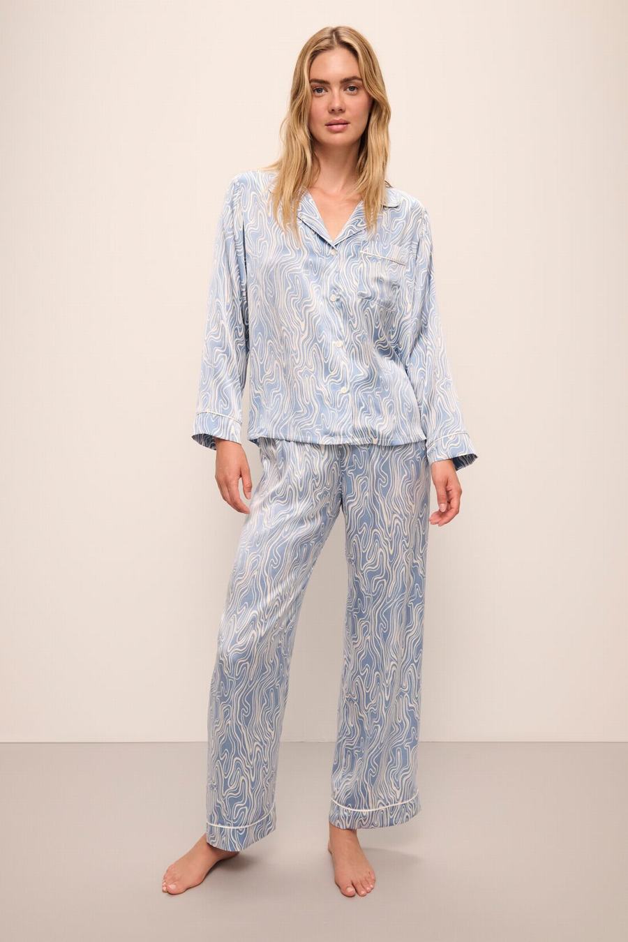 Women Eberjey Inez Washable Silk Printed Long PJ Set Pajamas Blue White | DXM1328PK