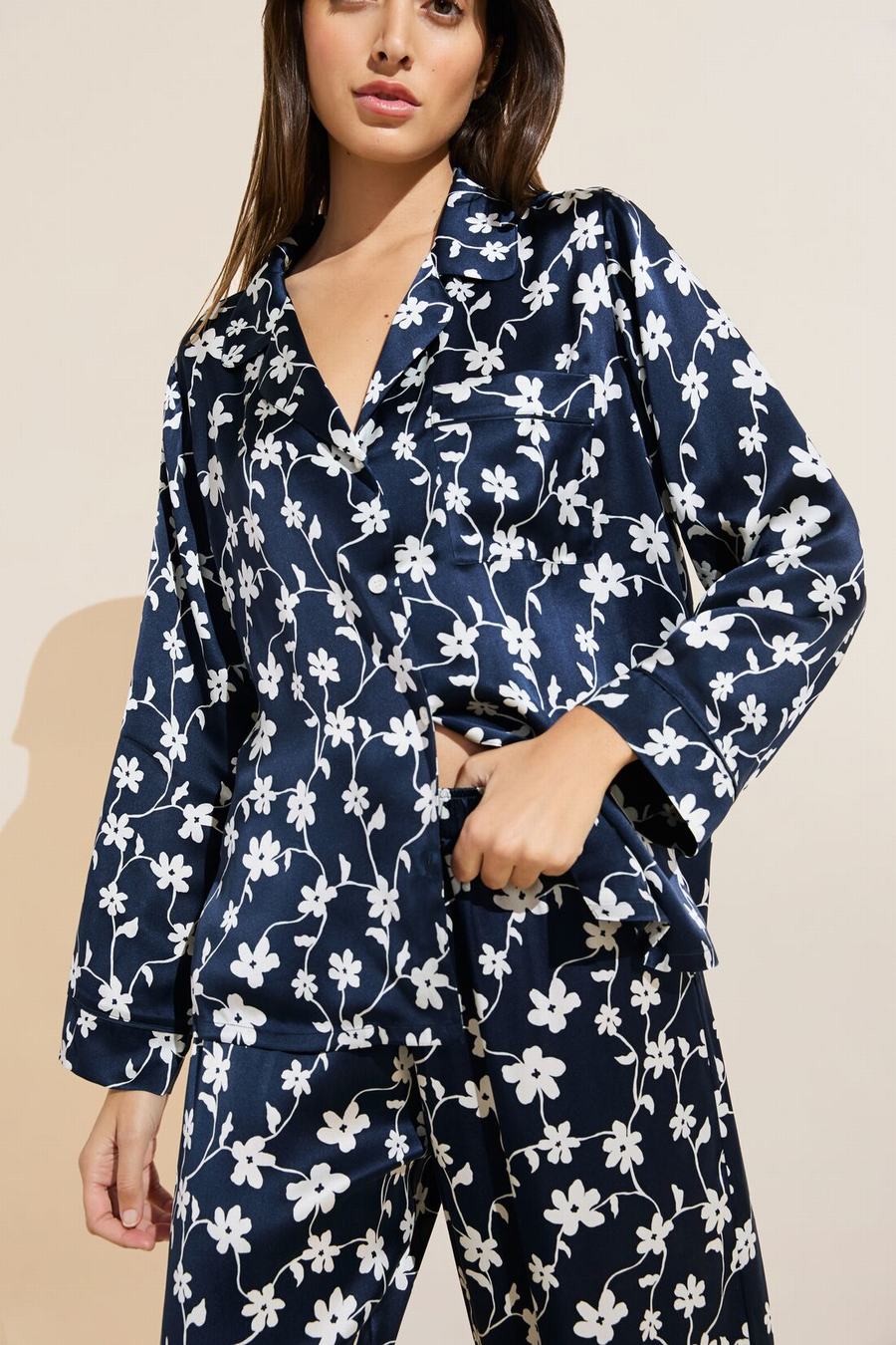 Women Eberjey Inez Washable Silk Printed Long PJ Set Pajamas Navy White | TYI5084CS