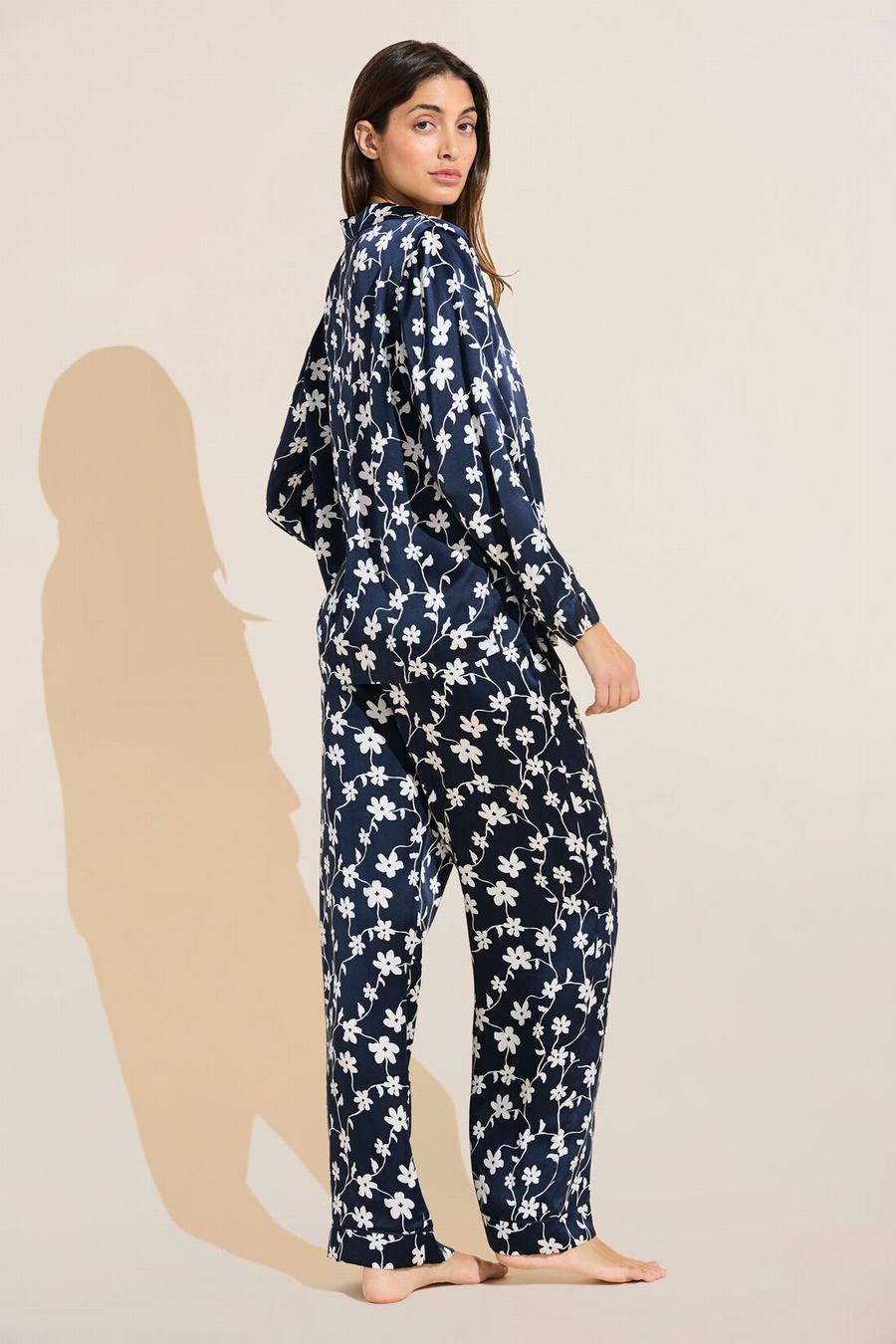 Women Eberjey Inez Washable Silk Printed Long PJ Set Pajamas Navy White | TYI5084CS