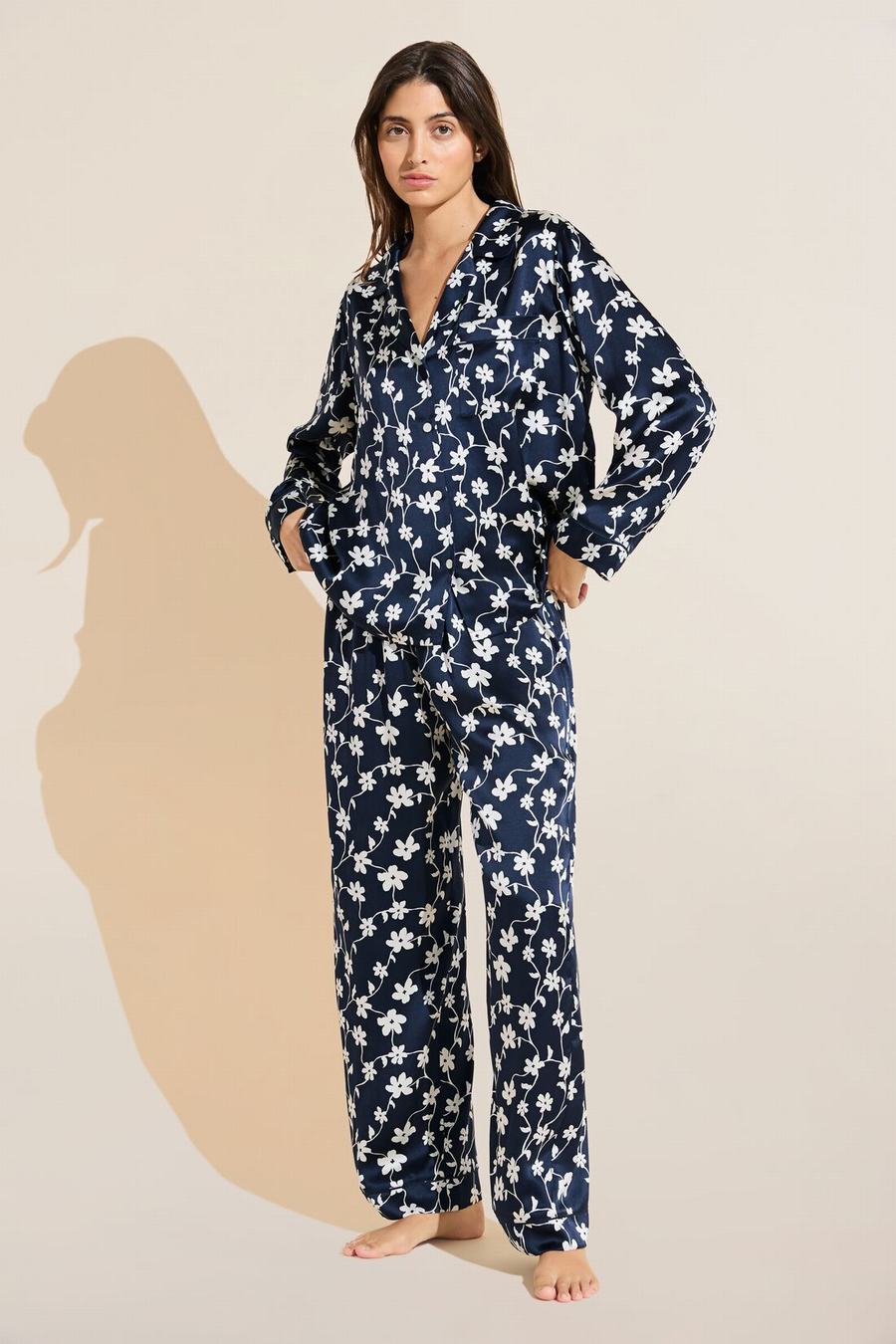 Women Eberjey Inez Washable Silk Printed Long PJ Set Pajamas Navy White | TYI5084CS