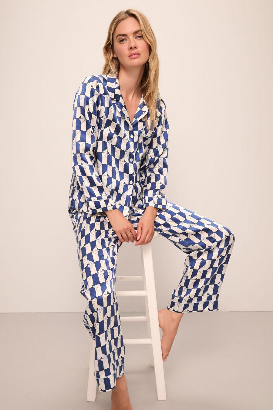 Women Eberjey Inez Washable Silk Printed Long PJ Set Pajamas Blue White | YWV7937RP