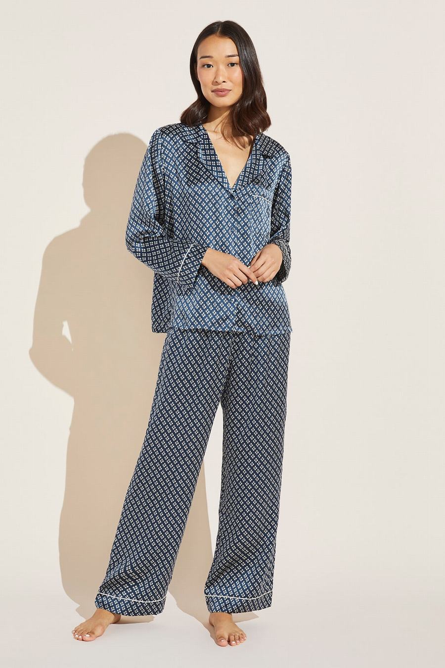 Women Eberjey Inez Washable Silk Printed Long PJ Set Pajamas Indigo Blue Beige | OGW9410CU