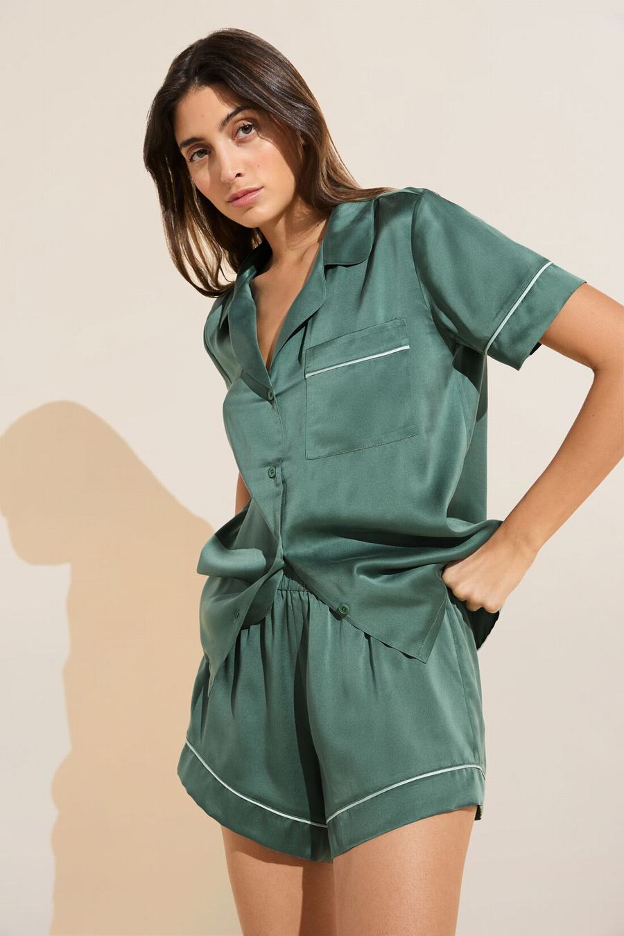 Women Eberjey Inez Washable Silk Short PJ Set Pajamas Dark Green | YBG1646UL