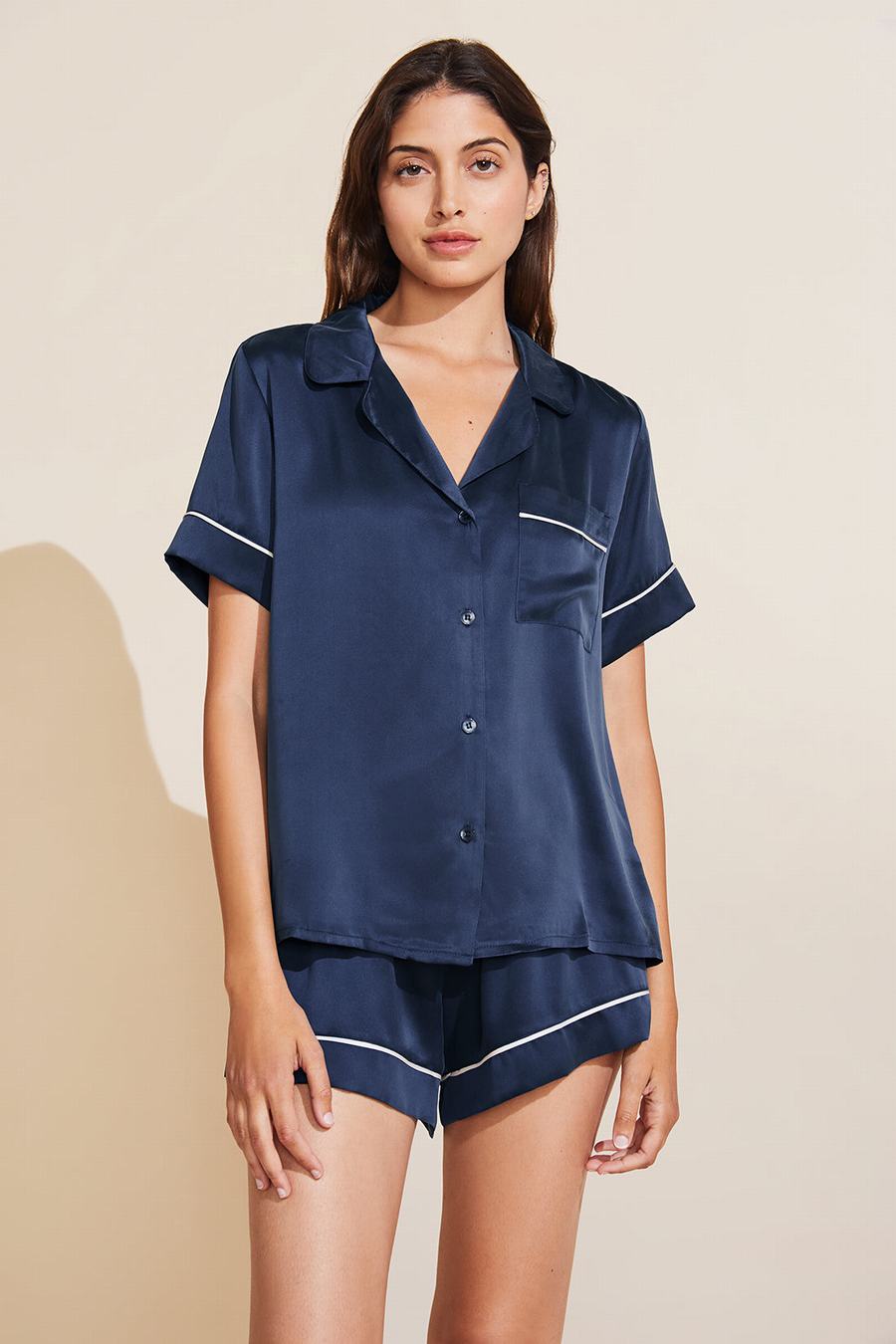 Women Eberjey Inez Washable Silk Short PJ Set Pajamas Navy | FTY4554NT