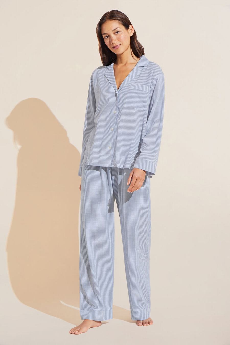 Women Eberjey Nautico Long PJ Set Pajamas Blue White | LQC493WS