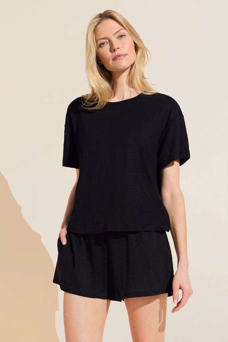 Women Eberjey Organic Linen Knit Short Sleeve T-Shirt Black | GZA2979TN