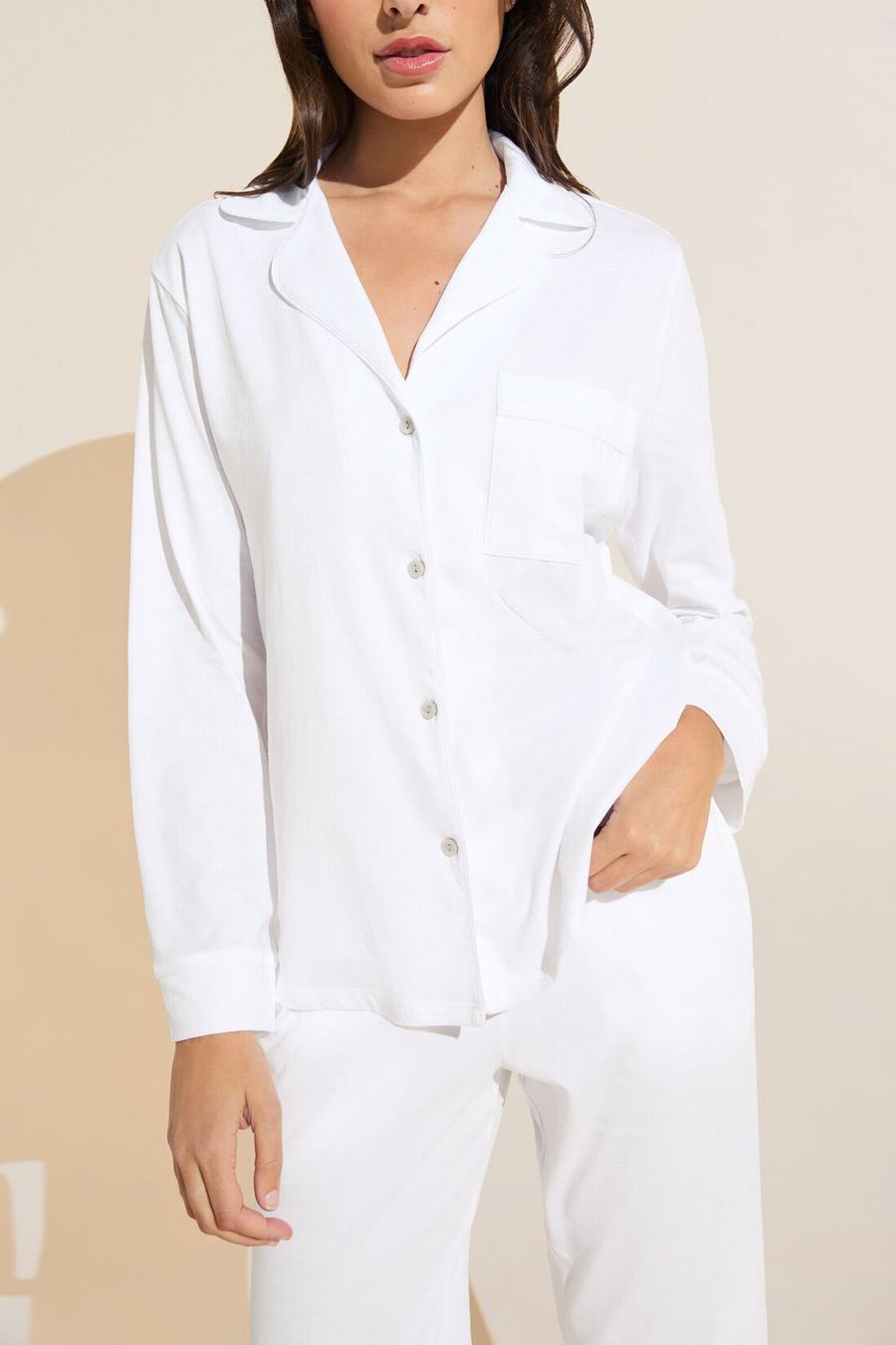 Women Eberjey Organic Pima Cotton Notch Collar Top & Pant PJ Set Pajamas White | NCF5985GL